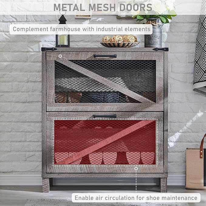 JXQTLINGMU Shoe Cabinet with 2 Flip Drawers, Farmhouse Shoe Storage Cabinet with Mesh Doors and Adjustable Shelves, Rustic Wooden Shoe Organizer, Small Shoe Cabinet Storage for Entryway, Grey