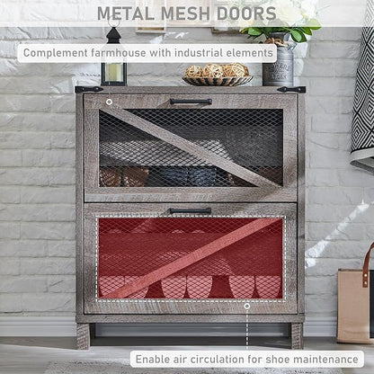 JXQTLINGMU Shoe Cabinet with 2 Flip Drawers, Farmhouse Shoe Storage Cabinet with Mesh Doors and Adjustable Shelves, Rustic Wooden Shoe Organizer, Small Shoe Cabinet Storage for Entryway, Grey