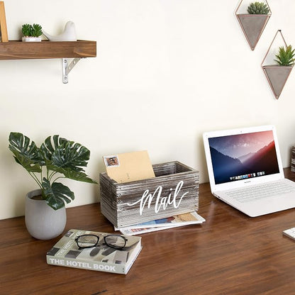 MyGift Mail Holder Storage Organizer Box Torched Wood with MAIL Script Design, Desktop Letters, Bills, Notes and Postcard Bin for Home Office Dorm Room