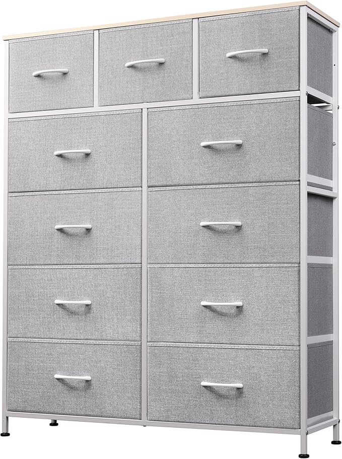 Tall Console Table with 11 Fabric Drawers, Entryway Table with Storage, Tall Storage Organizer with Wood Top, Steel Frame for Living Room, Hallway, Office, Light Grey