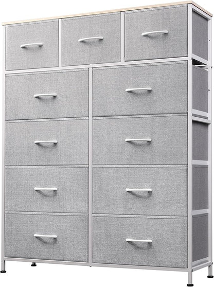 Tall Console Table with 11 Fabric Drawers, Entryway Table with Storage, Tall Storage Organizer with Wood Top, Steel Frame for Living Room, Hallway, Office, Light Grey