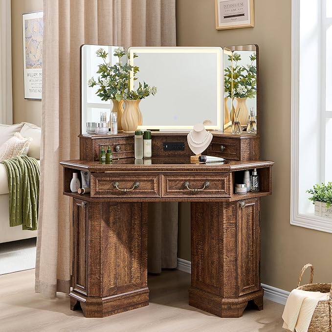 T4TREAM Makeup Vanity Desk 48" with 3 Way Mirror and Lights, Large Farmhouse Corner Vanity Dressing Table with Glass Top & Charging Station, 3 Drawers & 2 Storage Cabinets, Reclaimed Barnwood