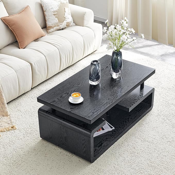 43.5" Coffee Table, 3-Tier Modern Center Table with Storage, Large Wood Coffee Table for Living Room, Office, Apartment (Black)