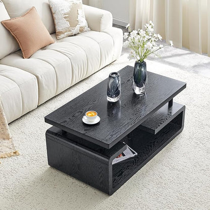 43.5" Coffee Table, 3-Tier Modern Center Table with Storage, Large Wood Coffee Table for Living Room, Office, Apartment (Black)