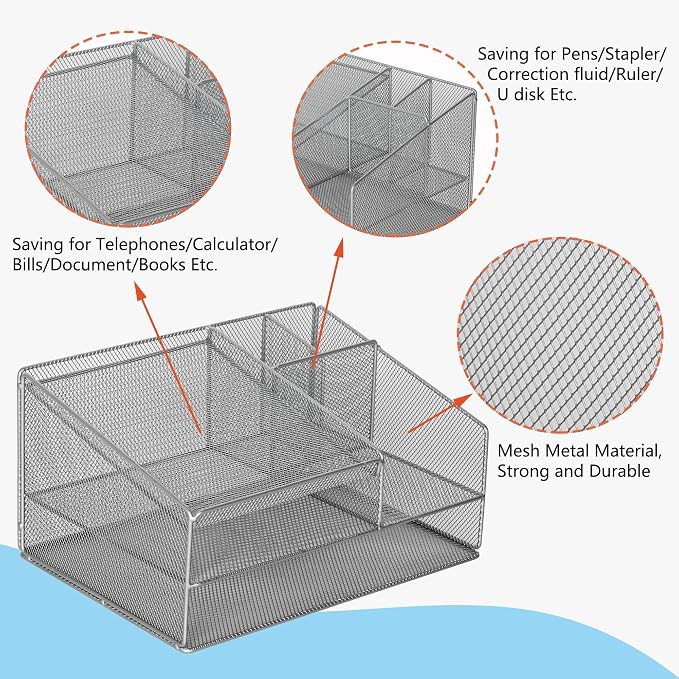 Phone Stand for Desk with 2 Pen Holder, Metal Mesh Desk Organizer with Telephone Holder, 3 Tier Office Storage Desktop Organizer for Workspace, Home, School, Silver