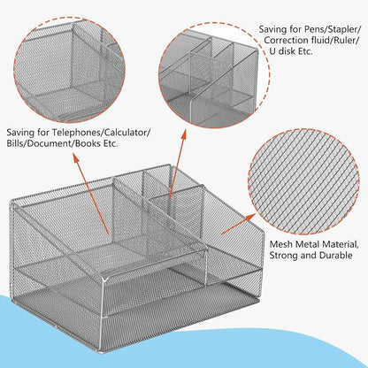 Phone Stand for Desk with 2 Pen Holder, Metal Mesh Desk Organizer with Telephone Holder, 3 Tier Office Storage Desktop Organizer for Workspace, Home, School, Silver