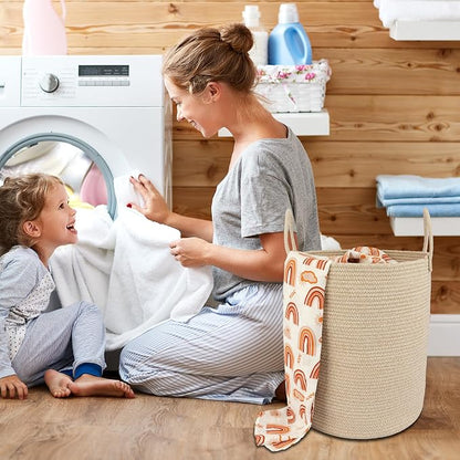 XUANGUO Cotton Rope Laundry Basket Hamper for Clothes Woven Storage Basket for Living Room Bedroom Boho Tall Rope Baskets for Blanket Toys Pillow Towels Baby Nursery Hamper Bin oatmeal