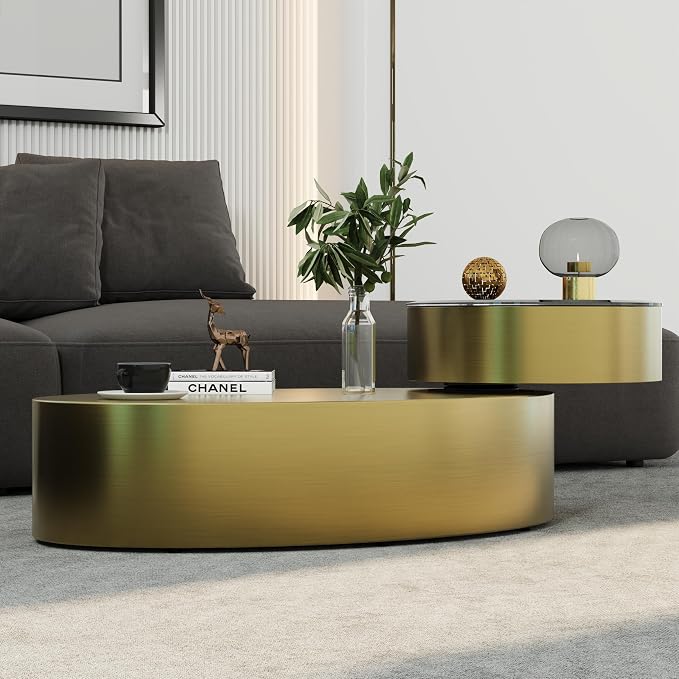 Oval Rotating Coffee Table with Tempered Glass Top, 2-Tier Design & 360° Swivel Base, Brushed Gold Finish - Modern Center Table for Living Room, Office, Apartment