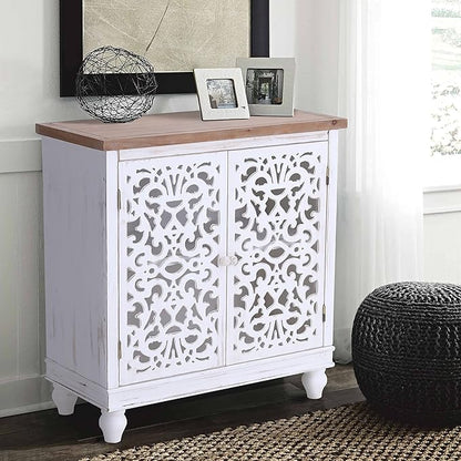 Sophia & William Accent Cabinet with Doors, Distressed Display Storage Cabinet with Wooden Frame and Hollow-Carved Floral Pattern for Entryway Living Room, White