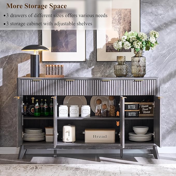 OKD Fluted Storage Cabinet with Drawers, 60" Morden Buffet Sideboard Coffee Bar Cabinet with 4 Doors and 3 Drawers for Dining Room, Living Room,Hallway (Dark Alder)