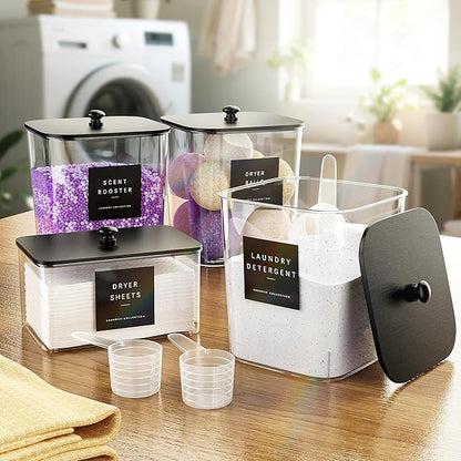 Moforoco 3 Pcs Laundry Pods Container, Clear Laundry Room Organization Containers,Large Detergent Powder Storage, Black Wooden Lids & Labels
