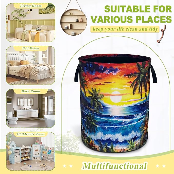 Ocean Waves Laundry Basket Funny Hawaii Sunset Foldable Waterproof Oxford Cloth Tote Bag Laundry Hamper Large Clothes Storage Bucket Toy Organizer For Bathroom/Laundry Storage/Bedroom 18.9x16.5 Inch