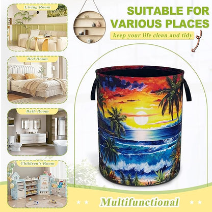 Ocean Waves Laundry Basket Funny Hawaii Sunset Foldable Waterproof Oxford Cloth Tote Bag Laundry Hamper Large Clothes Storage Bucket Toy Organizer For Bathroom/Laundry Storage/Bedroom 18.9x16.5 Inch