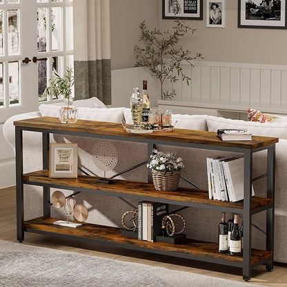 71inch Sofa Tables Extra Long Couch Table, Narrow Long Console, Entryway Table,Sofa Table with 3 Tiers Storage Shelves (Rustic Brown)