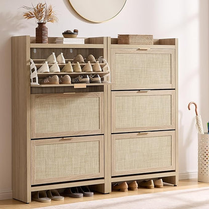 SICOTAS Rattan Shoe Storage Cabinet with 6 Flip Drawers, Freestanding Shoe Cabinet Storage for Entryway, Holds 50 Shoes, 57.4" Tall Farmhouse Shoe Organizer Rack for Foyer, Hallway, Light Oak, 2PCS