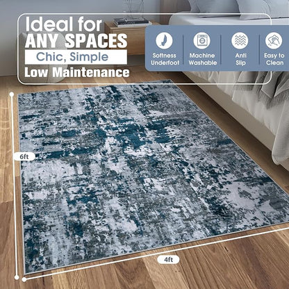 4x6 Area Rugs for Living Room Rug Washable: Abstract Rug for Dining Room Bedroom Carpet Non Slip 4 by 6 Indoor Modern Nursery Home Office Navy Grey