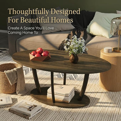 Manora Rustic Small Oval Coffee Table for Living Room, Narrow Wood Center Table with Shelf, Retro Style Coffee Table with Curved Metal Legs, Stable and Easy Assembly, Gray