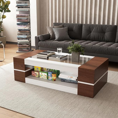 HedoAjim 47.2" Modern Stylish Coffee Table with Glass Table Top, Large Living Room Table Rectangular 2-Tier Center Tables with Storage, Wood Cocktail Tea Tables for Dining Reception Room White Walnut