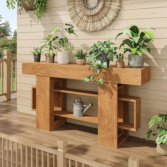 Feonase 63 Inches Long Console Table for Entryway, Wooden Sofa Table Behind Couch with 3-Tier Storage, Farmhouse Narrow Entry Hallway Table for Living Room Foyer Entrance, Natural