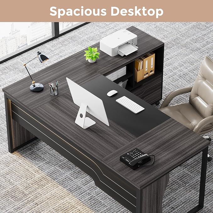 L Shaped Executive Computer Desk with Mobile File Cabinet and LED Light, 63 inch Large Office Table Business Furniture with Storage and Drawers for Home Office, Gray and Black