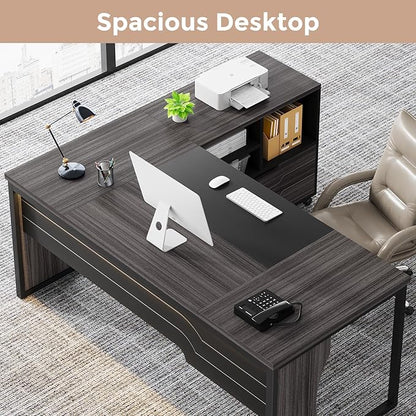 L Shaped Executive Computer Desk with Mobile File Cabinet and LED Light, 63 inch Large Office Table Business Furniture with Storage and Drawers for Home Office, Gray and Black