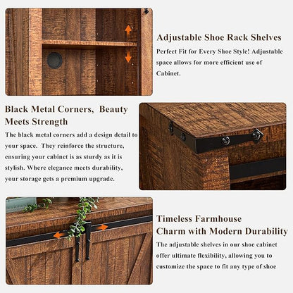 OKD Storage Cabinet with 2 Sliding Door, 7-Tier 62" Tall Farmhouse Entryway Shoe Cabinet, Freestanding Rustic Hidden Shoe Organizer for Entryway, Reclaimed Barnwood