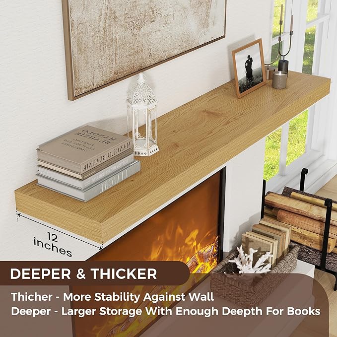 Floating Shelves for Wall, 55 Inch Wide x 12 Inch Deep Floating Shelves, Long Wood Floating Wall Shelf Shelves for Living Room Bathroom Bedroom Kitchen Home - (Oak, 55" W x 12" D x 2" H)