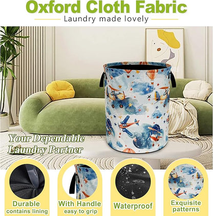 Airplane Laundry Basket Hot Air Balloon Clouds Foldable Waterproof Oxford Cloth Funny Tote Bag Laundry Hamper Clothes Storage Bucket Toy Organizer For Bathroom/Laundry Storage/Bedroom 18.9x16.5 Inch