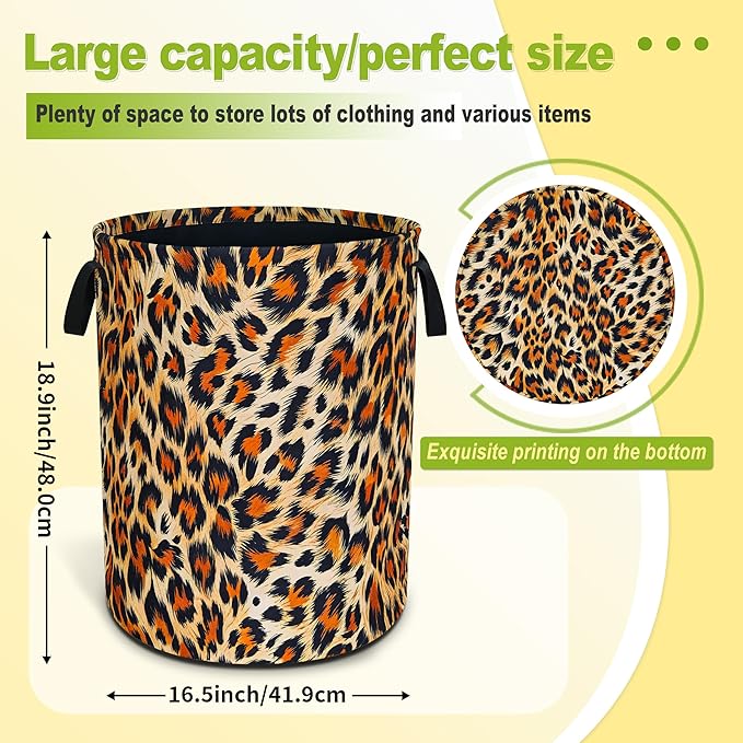 Brown Black Leopard Print Laundry Basket Funny Foldable Waterproof Oxford Cloth Tote Bag Laundry Hamper Large Clothes Storage Bucket Toy Organizer For Bathroom/Laundry Storage/Bedroom 18.9x16.5 Inch