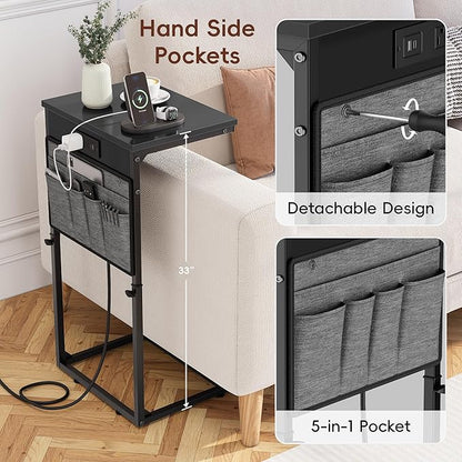 Vagusicc C Shaped End Table with Charging Station, Tall C Table End Table Adjustable Height Side Table for Couch, Small Couch Table Slide Under Sofa Table TV Tray Table for Living Room, Bedroom, Black