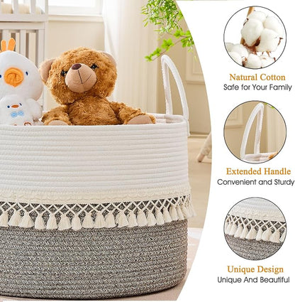 KAKAMAY Cotton Rope Storage Basket (20"x13"),Woven Hamper for Blankets,Toys,Pillows,Clothes,Laundry,Sturdy Handles Decorative Basket for Living Room, Bedroom,Nursery(Beige Fringe)