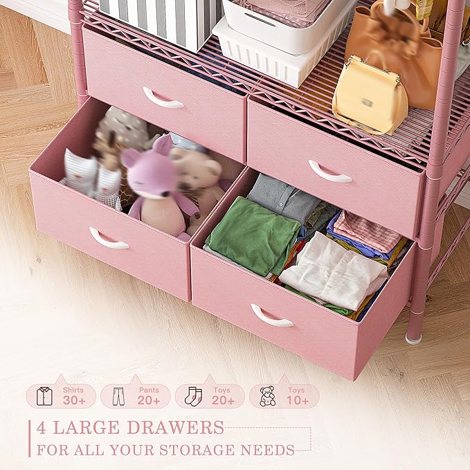 Raybee Clothing Rack with 4 Drawers and Shelves, Heavy Duty Clothes Rack for Hanging Clothes,Portable Closet,Metal, Sturdy,Pink