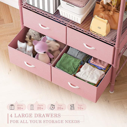 Raybee Clothing Rack with 4 Drawers and Shelves, Heavy Duty Clothes Rack for Hanging Clothes,Portable Closet,Metal, Sturdy,Pink