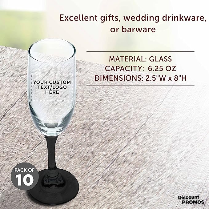 DISCOUNT PROMOS Custom Premiere Champagne Flutes 6.25 oz. Set of 10, Personalized Bulk Pack - Elegant Drinkware for Weddings, Events, & Promotional Gifts - Black