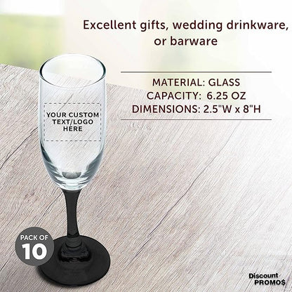 DISCOUNT PROMOS Custom Premiere Champagne Flutes 6.25 oz. Set of 10, Personalized Bulk Pack - Elegant Drinkware for Weddings, Events, & Promotional Gifts - Black