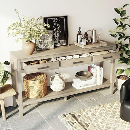 Merax Entryway Console Table with Storage, 3 Drawers Design/Wood Frame/Behind Couch & Sofa, Grey