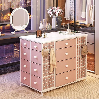 EnHomee 24 Drawers Dresser for Bedroom, Dressers & Chests of Drawers with 4 Wheels and 40“ * 23” Wide Wooden Top, Metal Frame, Organizer Island with Hooks for Bedroom, Cloakroom, Dressing Room, Pink