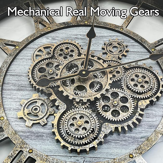 DORBOKER 36" Original Moving Gears Wall Clock, Large Industrial Wall Clock for Living Room Decor, Retro Metal Solid Wood Vintage Farmhouse Steampunk Rustic Clocks for Wall Decor,Silver Grey