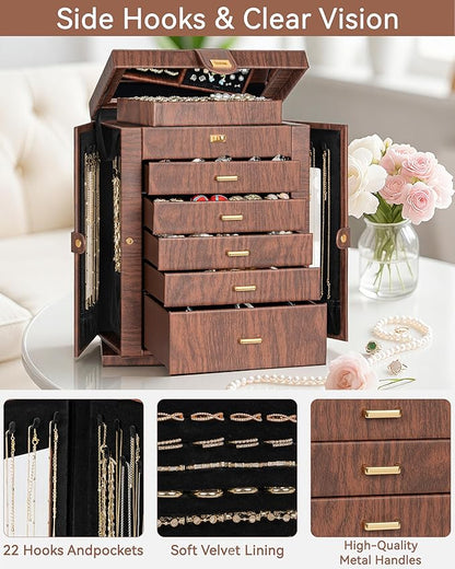 AKOZLIN 360° Rotating Jewelry Box Extra Large 6-Tier Organizer Functional Jewelry Storage Case for Women Girls Ring Necklace Earring Bracelet Holder with Mirror Red Brown