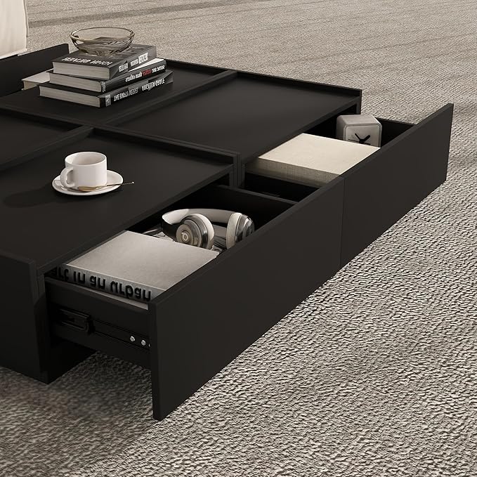 Coffee Table with Storage,Modern Center Table with 4 Hidden Drawers for Living Room,Rectangle Coffee Table for Home Furniture,Bedroom,Black
