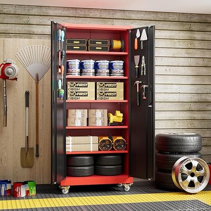 Garage Storage Cabinet with Wheels and Pegboard, 71" H x 32" W x 16" D Lockable Metal Storage Cabinet with 5 Adjustable Shelves and 2 Doors for Garage Home, Assembly Required, Black and Red