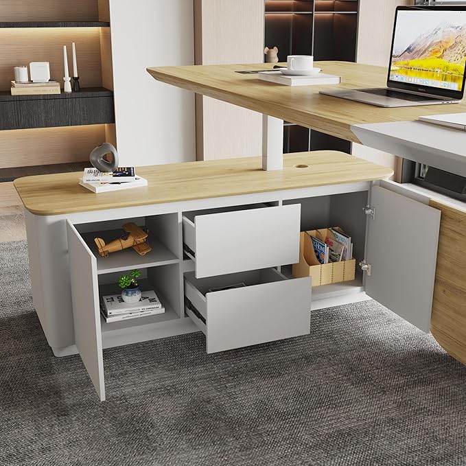 86" L Shaped Adjustable Height Executive Desk with Drawers and Cabinet, White Electric Stand Up Desk with LED, Functions 4-Preset Memory, Power Outlets, 2.36" Thickened Desktop for Office