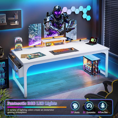 Computer Desk with Monitor Stand & 24mm Thicker Desktop,Gaming Desk with Power Outlets & LED Light,White Writing Desk for Home Office, Study, Bedroom, White