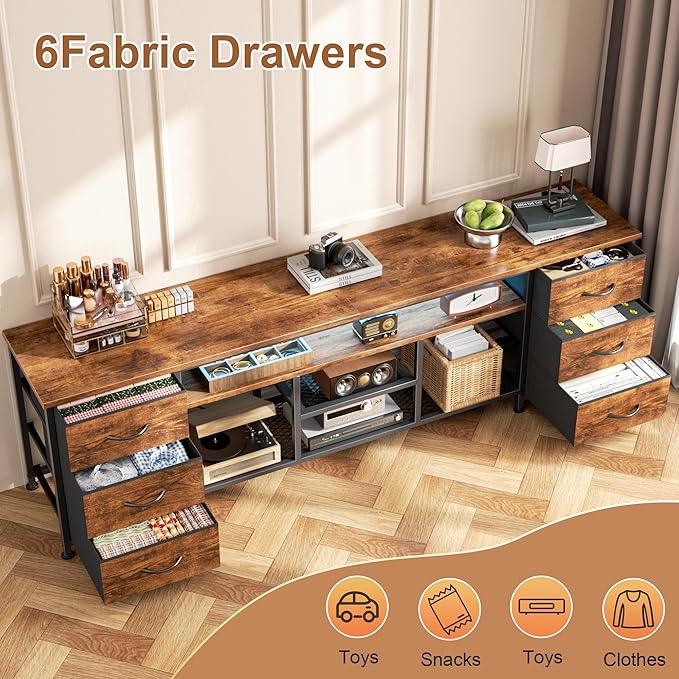 Furologee LED TV Stand for 65, 75, 80 Inch TV, 71 Inch Entertainment Center with Power Outlets, 6 Fabric Drawers Dresser for Bedroom, Media Console with Open Shelves, Rustic Brown
