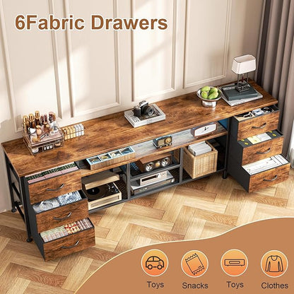 Furologee LED TV Stand for 65, 75, 80 Inch TV, 71 Inch Entertainment Center with Power Outlets, 6 Fabric Drawers Dresser for Bedroom, Media Console with Open Shelves, Rustic Brown