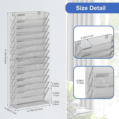 EasyPAG Wall File Holder 14 Tier Mesh Hanging Folder Organizer with Flat Tray Wall Mounted Mail Organizer Magazine Paper Desk Shelf with Nametag Label for Office Home School, Silver