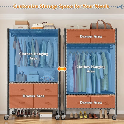 Raybee Clothes Rack Heavy Duty Clothing Rack with Rolling Wheels & 4 Drawers, Clothing Racks for Hanging Clothes with Drawers, Black