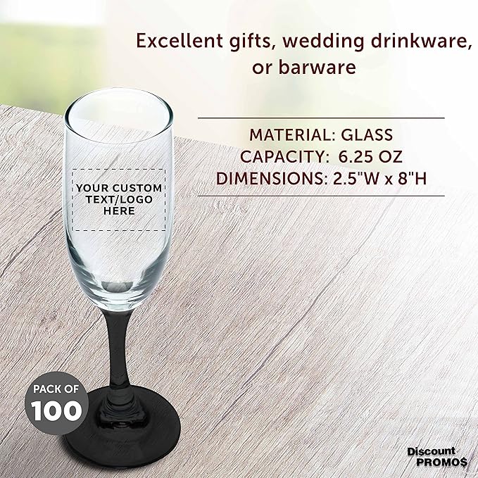 DISCOUNT PROMOS Custom Premiere Champagne Flutes 6.25 oz. Set of 100, Personalized Bulk Pack - Elegant Drinkware for Weddings, Events, & Promotional Gifts - Black
