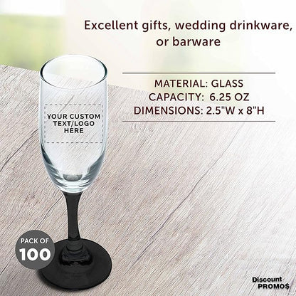 DISCOUNT PROMOS Custom Premiere Champagne Flutes 6.25 oz. Set of 100, Personalized Bulk Pack - Elegant Drinkware for Weddings, Events, & Promotional Gifts - Black