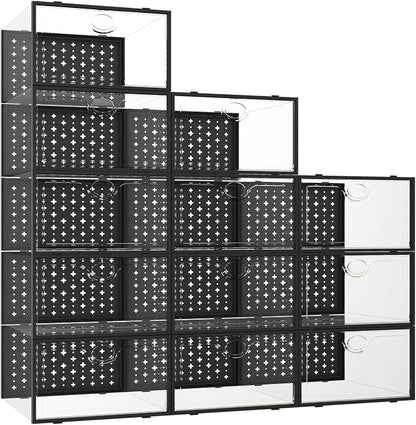 Pinkpum 12 Pcs XLarge Shoe & Sneaker Storage Organizer Box Clear Plastic Stackable Closet Black